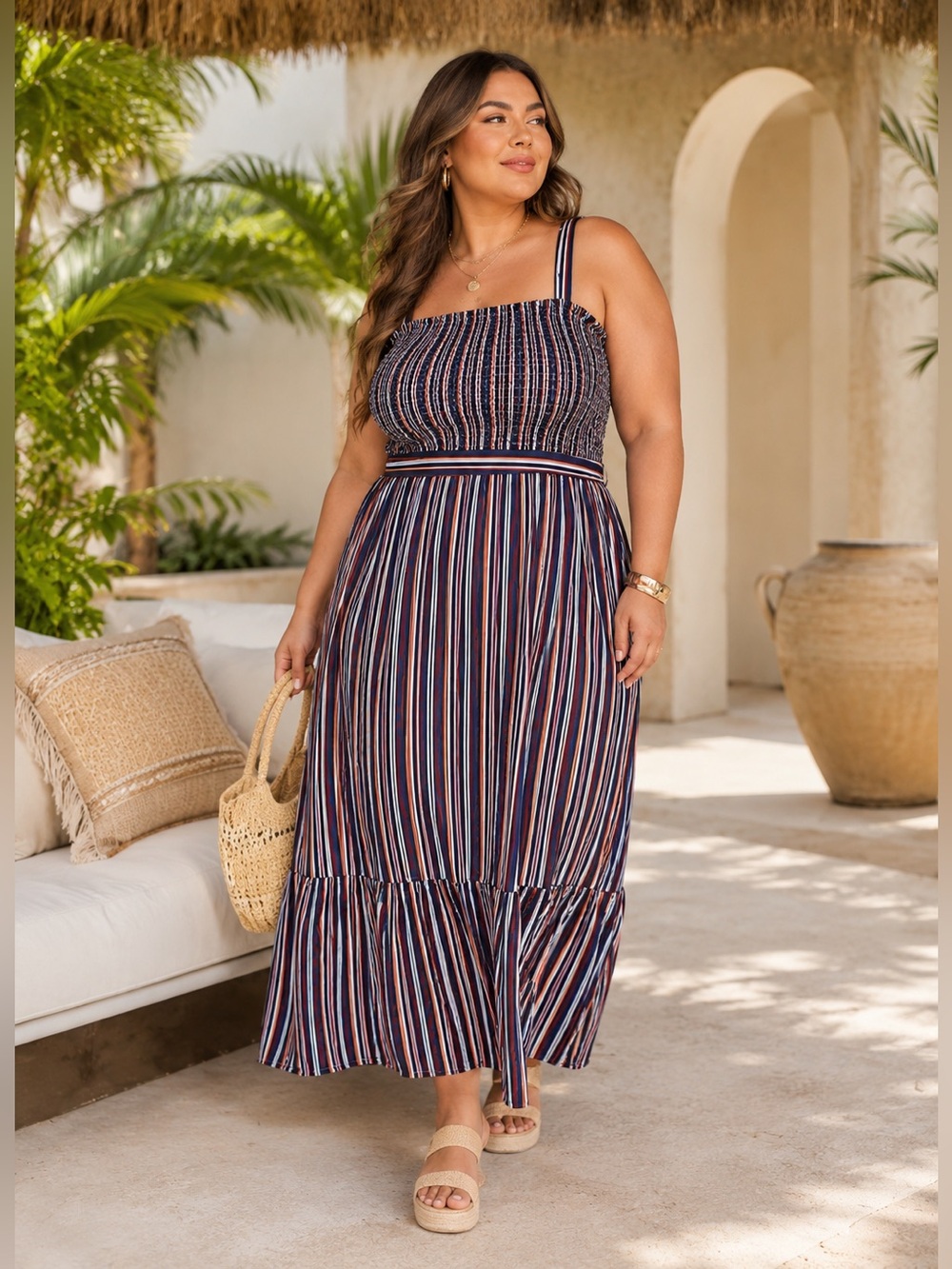 Universal Thread Plus Size XXL Smocked Stripe Maxi Dress Blue Boho Resort Beach